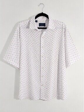 David Donahue Men's XXL Linen Blend Fish Print Short Sleeve Shirt White